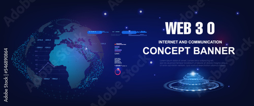 Web 3.0 Cyber banner with earth planet hologram. Information exchange and technological processes using the new generation Internet. Unique internet network Internet 3.0 Communication of the future