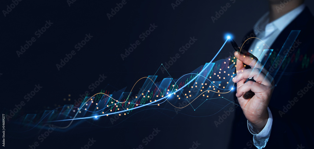 Businessman analysing economic growth graph financial data. Stock market investment. Financial and banking Technology. Business strategy and digital marketing concept.	
 - obrazy, fototapety, plakaty 