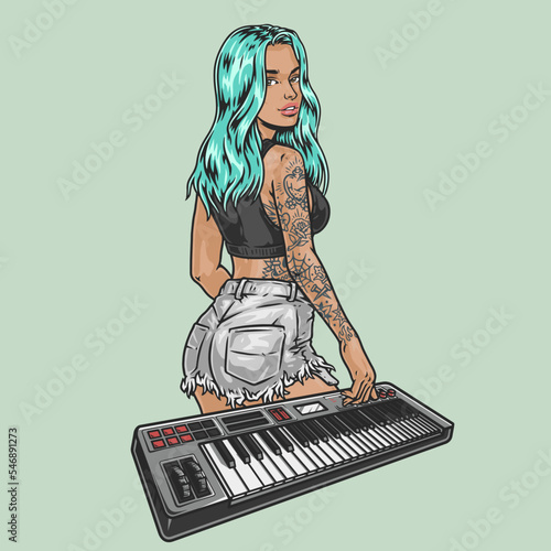 Hot girl musician colorful emblem