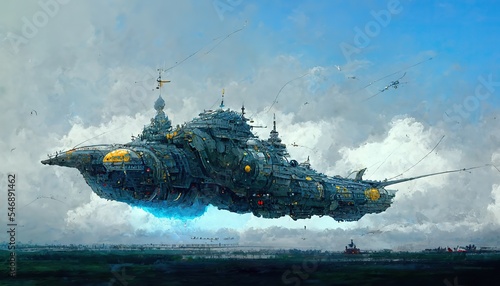 Canvas Print Alien spaceship in flight, science fiction illustrative style scene