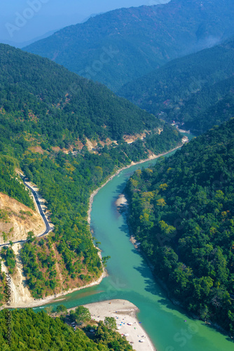 Portrait view of lovers point where the river coming from left is Rangeet and meeting Teesta which is coming straight down.