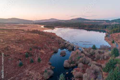 Sunset Scottish Landscape Aerial View of a Loch