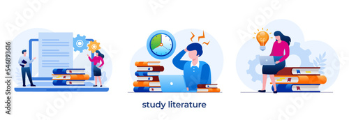 study literature and book reference, education concept, knowledge, book library, flat illustration vector