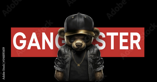 Cute, funny teddy bear in a cap and with a chain on a black background. Gangster kars slogan with a bear doll. Vector illustration © Zaleman