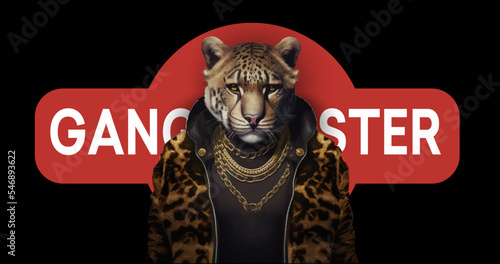 Cute, funny teddy tiger in a cap and with a chain on a black background. Gangster kars slogan with a tiger doll. Vector illustration photo