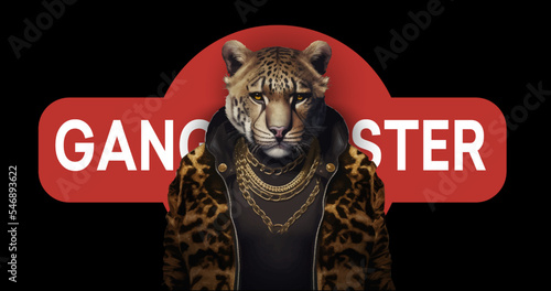 Cute, funny teddy tiger in a cap and with a chain on a black background. Gangster kars slogan with a tiger doll. Vector illustration