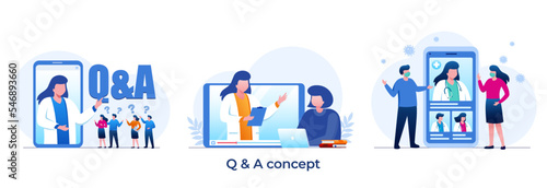 Q n A concept, question and answer, support, call center, help, contact ask, flat illustration vector design template