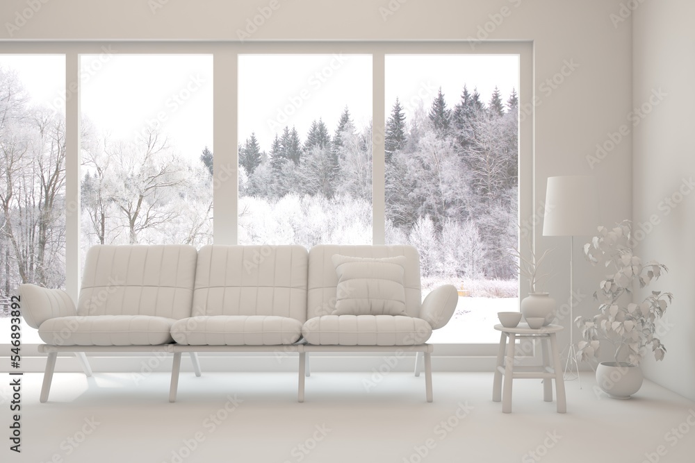 Fototapeta premium White living room with sofa and winter landscape in window. Scandinavian interior design. 3D illustration