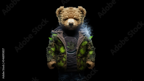 Teddy bear in a jacket with a hemp print on a black isolated background, t-shirt design. Vector illustration