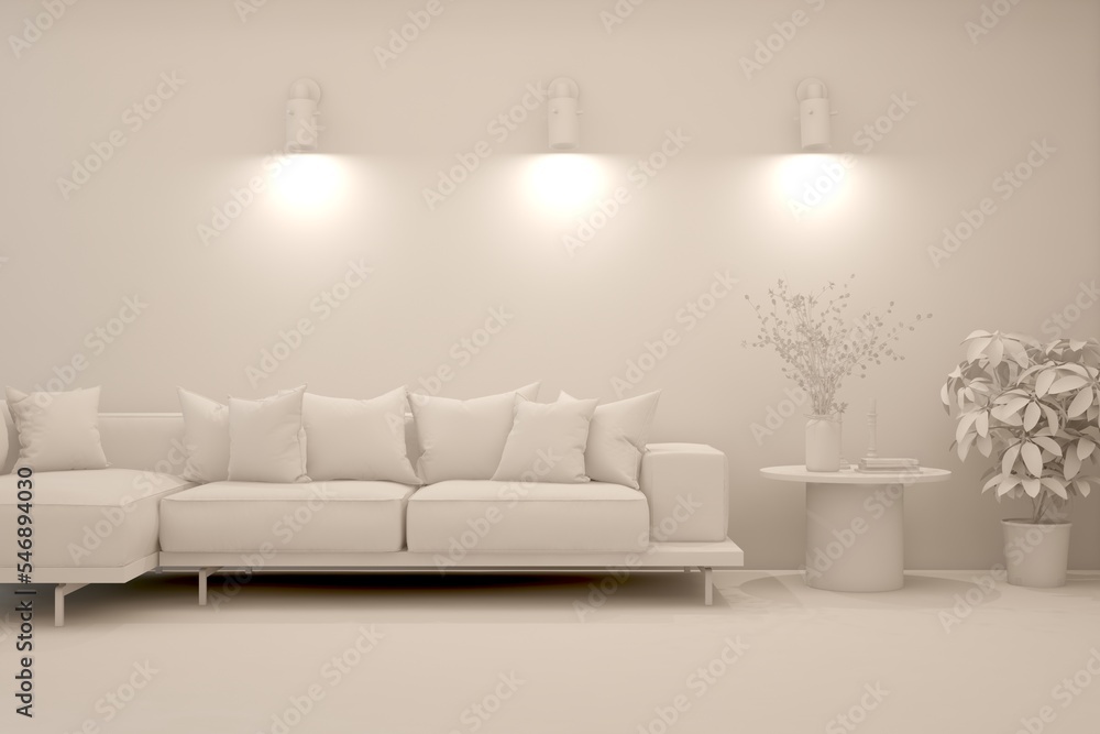 Mock up of minimalist living room in white color with sofa. Scandinavian interior design. 3D illustration Mock up of minimalist living room in white color with sofa. Scandinavian interior design. 3D illustration