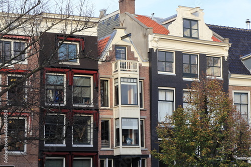 Amsterdam Keizersgracht Canal House Facades Close Up with Tree Branches, Netherlands