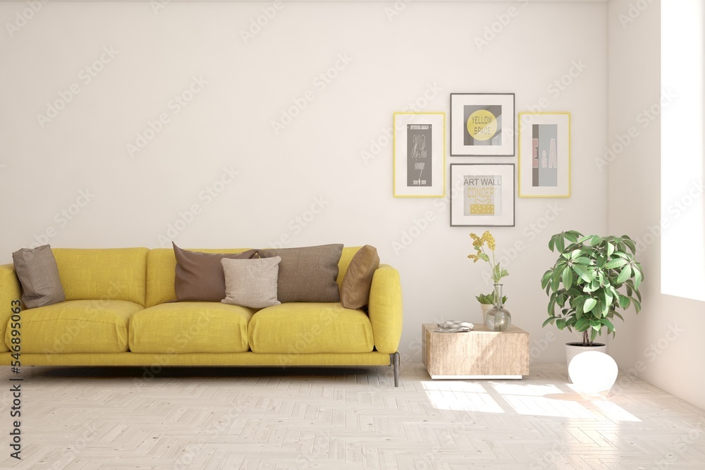 Naklejka premium White living room with sofa. Scandinavian interior design. 3D illustration