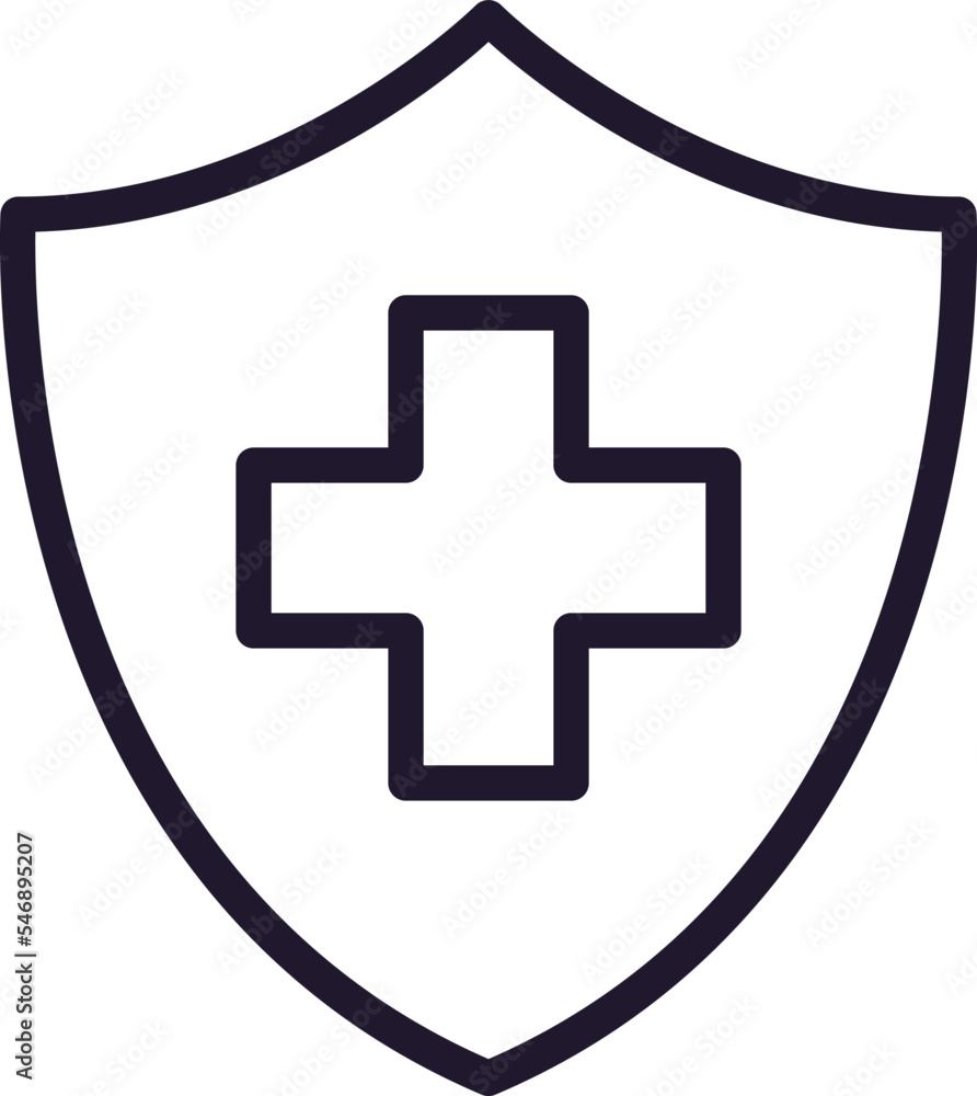 Obraz premium Healthcare concept. Vector sign drawn in line style for web sites, UI, apps, shops, stores, adverts. Editable stroke. Vector line icon of medical cross inside of shield