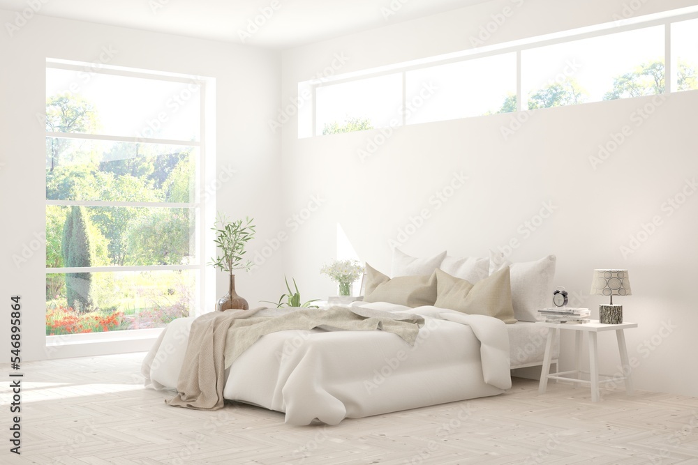 Fototapeta premium Soft color bedroom interior. Scandinavian design. 3D illustration
