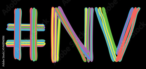 NV Hashtag. Multicolored bright isolate curves doodle letters like from marker, oil paint. #NV is abbreviation for the USA state Nevada for social network, web resources, mobile apps.