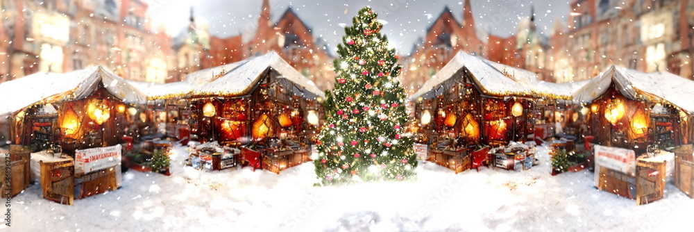  Christmas tree on  marketplace in the city ,medieval town blue sky and snow flakes snowy winter weather ,holiday banner card panorama