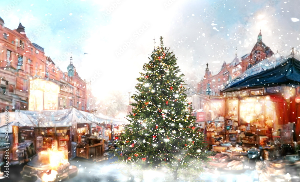  Christmas tree on  marketplace in the city ,medieval town blue sky and snow flakes snowy winter weather ,holiday banner card panorama