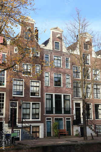 Amsterdam Leidsegracht Canal Street View with Historic House Facades, Entrance Steps and Bench, Netherlands