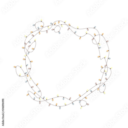 Vector cartoon round frame of tangled wire with colorful Christmas lights. Flat illustration