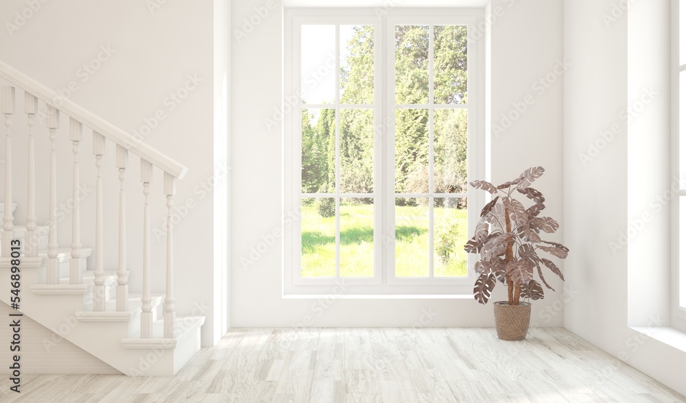 Fototapeta premium White empty room with stair and home plant. Scandinavian interior design. 3D illustration