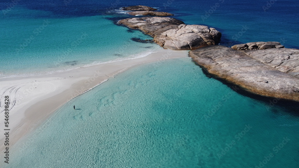 Aerial picture of Wylie bay rocks in Esperance. 2 beaches next to each other. Blue and shallow water. Very beautiful and calm landscape. Swimming in the lagoon.