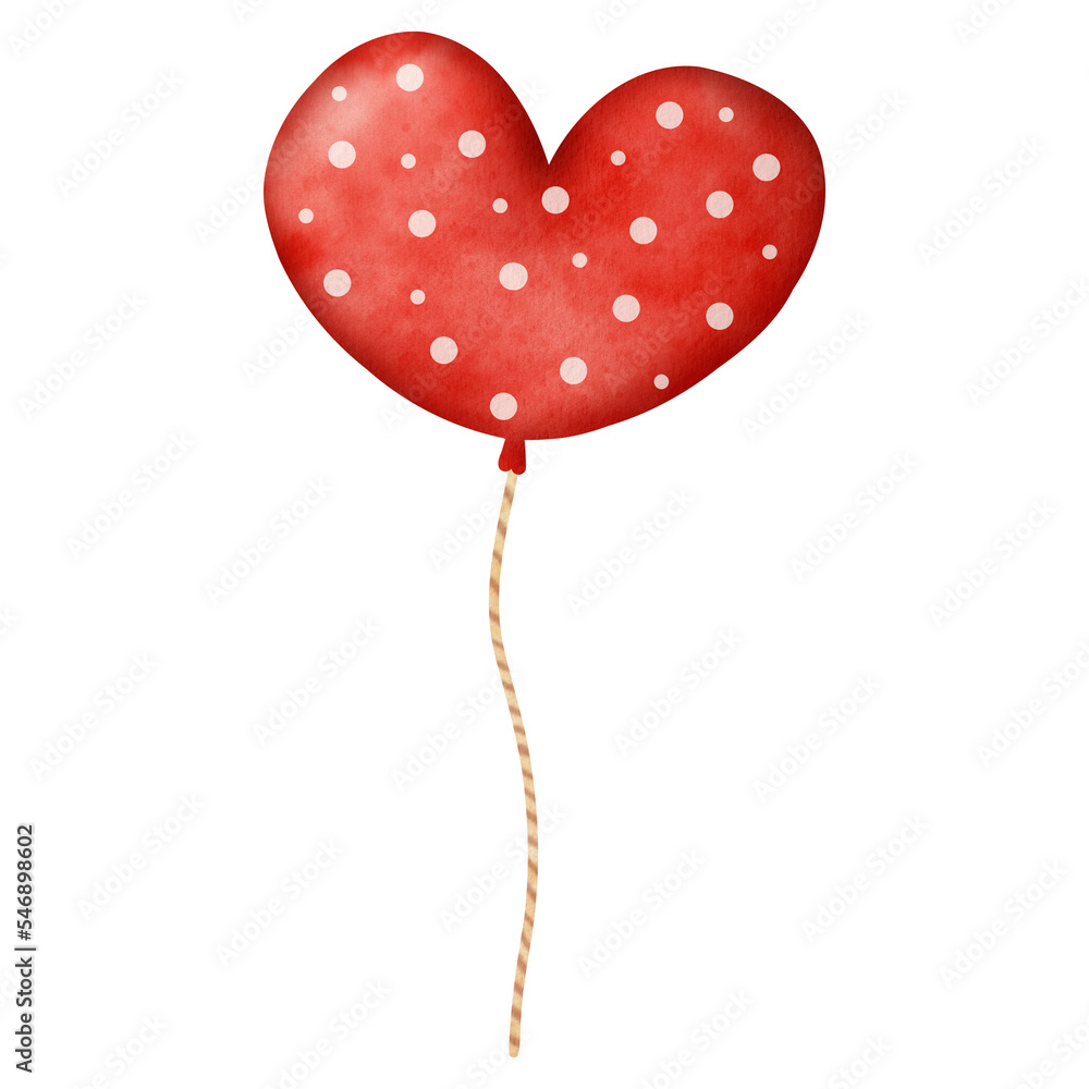 Red heart Polkadot balloon watercolor painting illustrations 