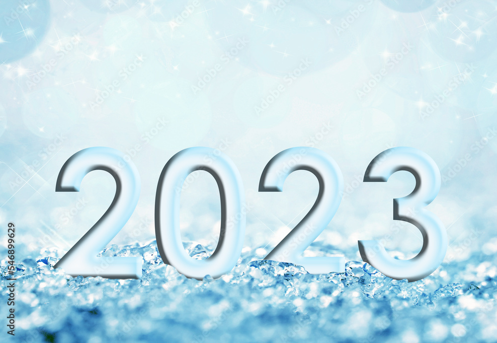 2023, new year card, blue icy snow and bokeh christmas background 2023, new year card, blue icy snow and bokeh christmas background