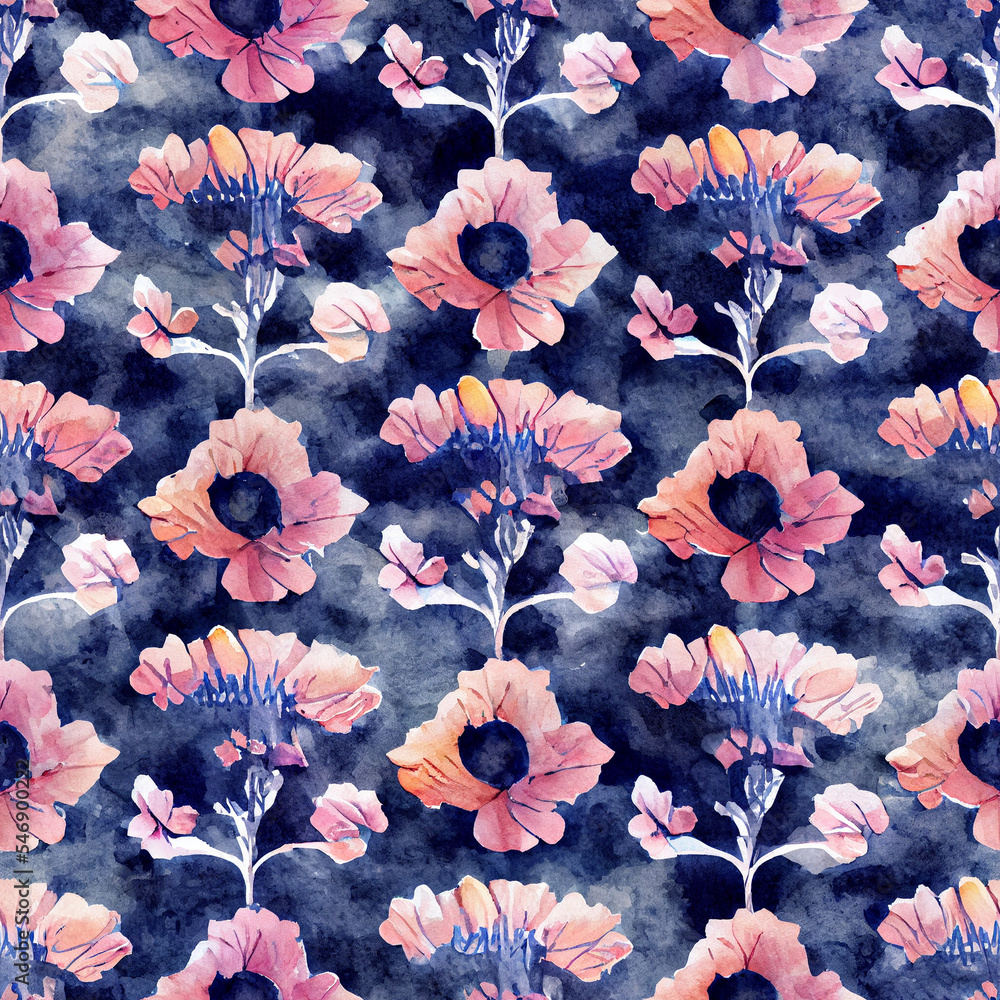 seamless pattern with watercolor pink flowers on blue background