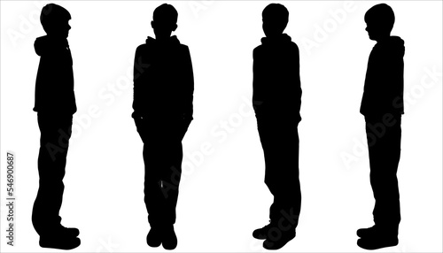 Boy, guy, teenager - model. The boy stands straight, and his arms are located along the body without movement. View: the profile, semi-side, full face. Four black male silhouettes isolated on white