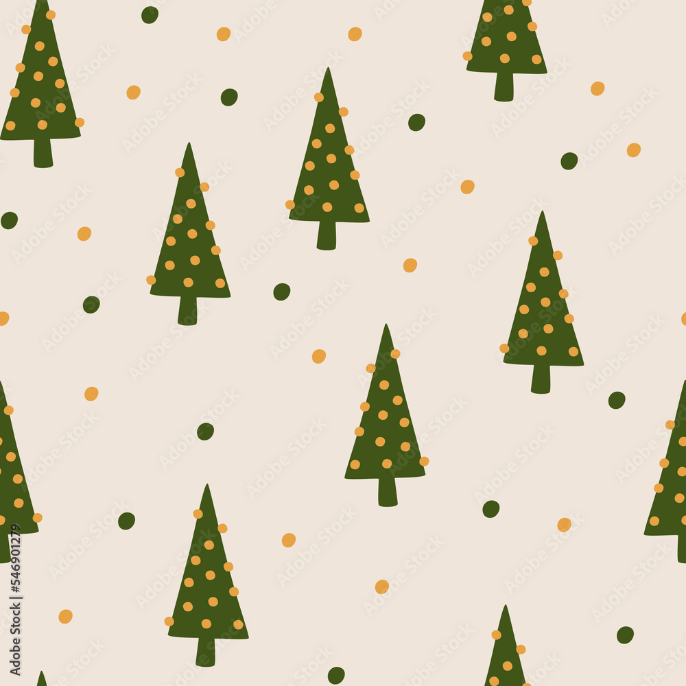 Christmas trees seamless vector pattern. The limited palette is ideal for printing textiles, fabric, wrapping paper Simple hand drawn vector illustration in Scandinavian style.