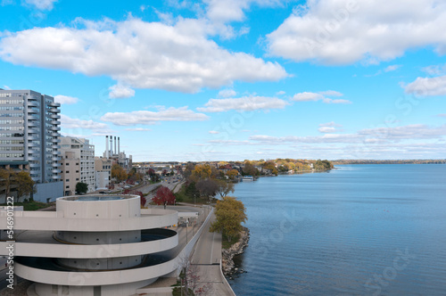 overlooking lake monona and city in downtown madison wisconsin from monona terrace photo
