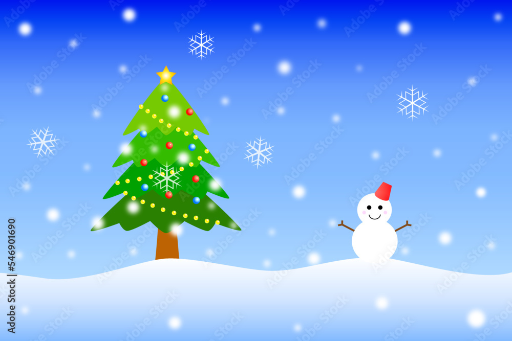 クリスマスカード。雪だるまとクリスマスツリー。