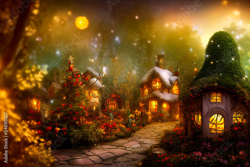 Natural landscape of a fairy tale country, with houses and flowers. Cartoon style. Multi colored fairy lights for the Christmas tree. Advertising for books, illustrations and cartoons.