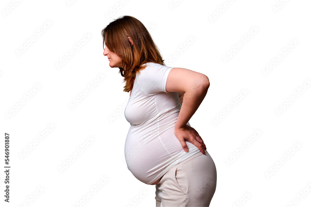 Back pain during pregnancy in women, studio white background