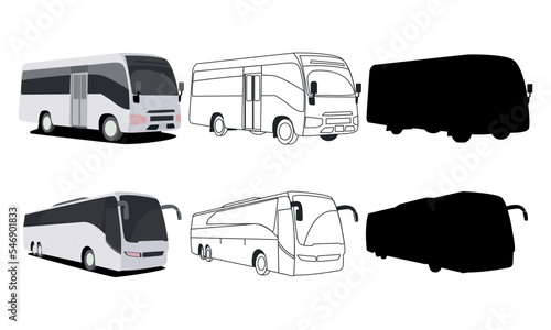 Cars of different types of illustrations set side view of the bus,  minibus.