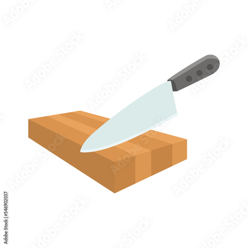 Flat isometric illustration of a wooden cutting board and kitchen knife. Household cutlery isolated on white background