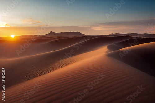Spectacular sunset casting golden hues over Sahara Desert sand dunes, showcasing nature's artistry with textured patterns and distant silhouettes. A serene moment capturing Sahara's timeless beauty. 