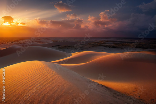 Breathtaking sunset over Sahara Desert's sand dunes, illuminating undulating patterns against a vibrant sky with dramatic clouds. Ideal depiction of Sahara's enchanting evening allure.