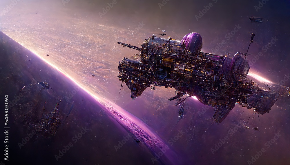 Naklejka premium Alien spaceship in flight, science fiction illustrative style scene in purple color