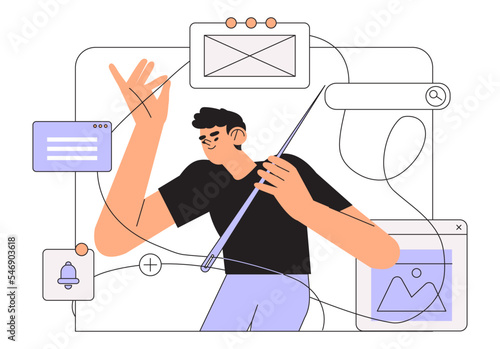 Design and programming banner, web landing page, advertisement. Designer working on ui ux design or mobile application. Studio or agency prototyping or coding web page or mobile app. Cms development.