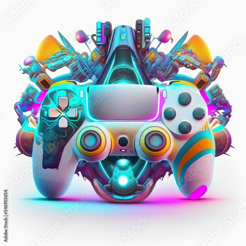 Concept of new wireless home futuristic video game controller isolated on white background. photo