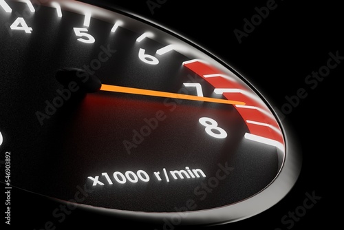 Tachometer needle in the red zone 3d render.