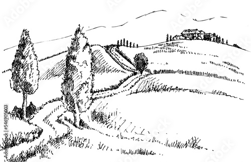 Freehand drawing illustration. The Gladiator movie location in Tuscany Italy
