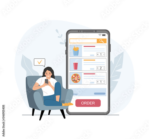 A white woman in a home chair orders food through an application on a smartphone. Vector illustration.