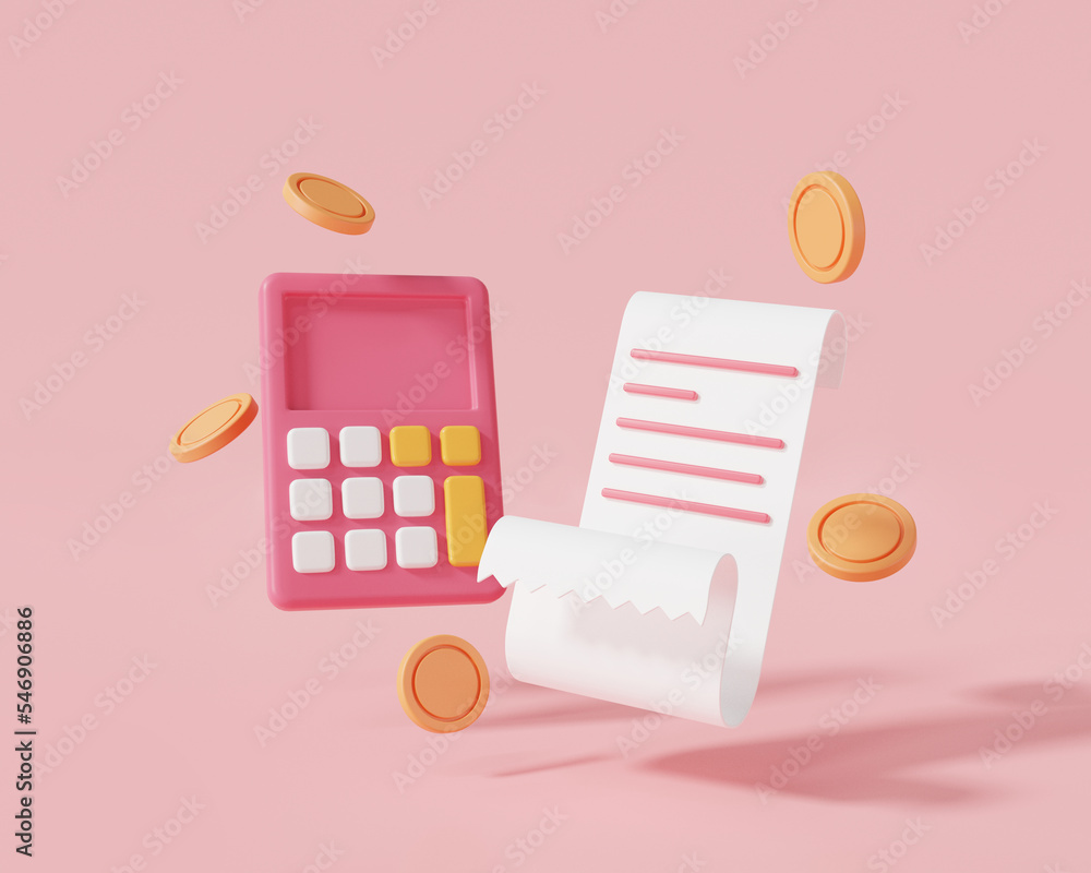 Calculator and paper bill or paper document. Bill payment, Budget planning, financial calculation, transaction receipt, finance analyst. Economics education concept. 3d render illustration Calculator and paper bill or paper document. Bill payment, Budget planning, financial calculation, transaction receipt, finance analyst. Economics education concept. 3d render illustration
