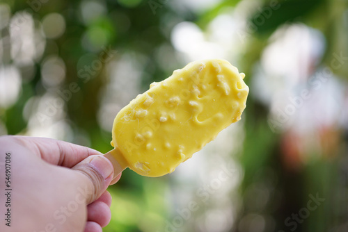 Yellow Durian fruit ice cream in hand with blur green background