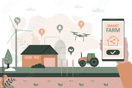 Modern agriculture technology. Smart farming concept. Wireless, remote control with mobile phone. Artificial intelligence working on farm. Innovation on farm. Countryside, farmland view.