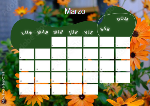 Calendario año 2023 mes de Marzo. Calendario de naturaleza. Plantilla de calendario planificador. Tamaño de papel	