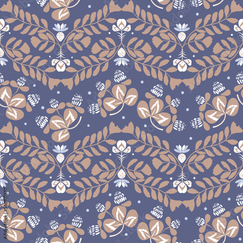 Seamless pattern with fern branches, clovers and berries. Vector hand drawn illustration, garden in folk - scandinavian style. Vector hand drawn illustration, garden in folk style. Perfect for textile