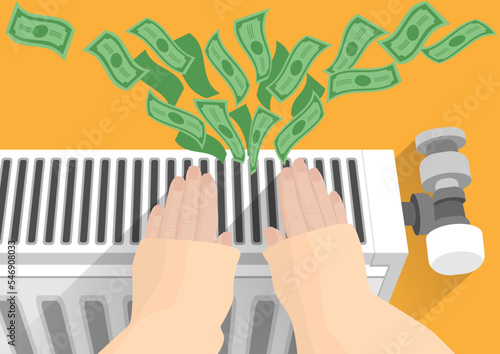 High heating costs in winter. Hands warm near the radiator and money flies into the air.